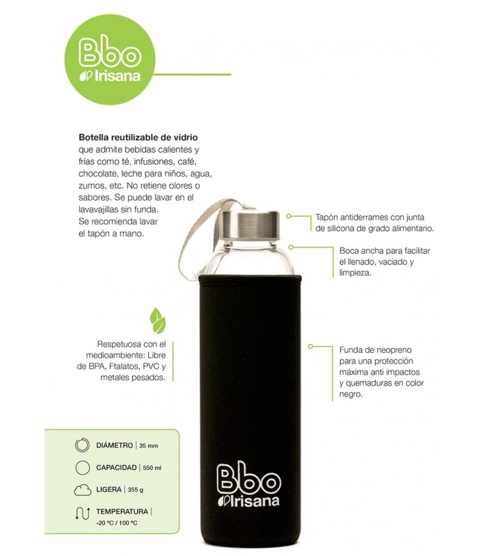 500 ml. Botella reutilizable Bbo Irisana, acero inoxidable con funda de  neopreno